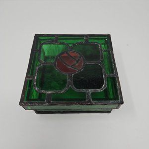 Vintage Hand Crafted Leaded Stained Glass Red Green Lidded Christmas Rose Box